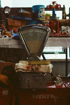 Antique scale displayed among eclectic items at a flea market in Ankara, Türkiye.