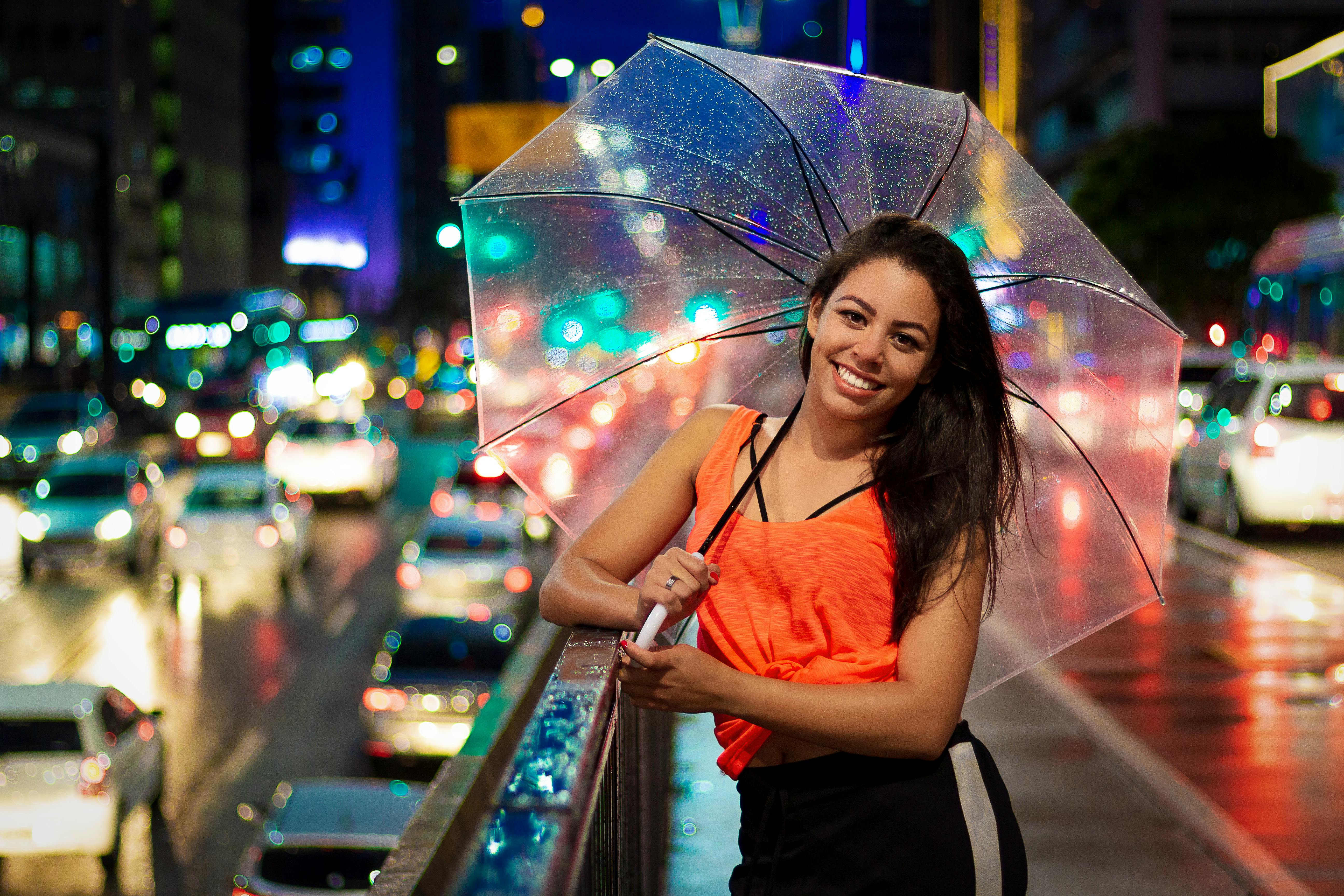 雨夜的城市街道上，一名妇女撑着透明的雨伞微笑，周围灯光明亮