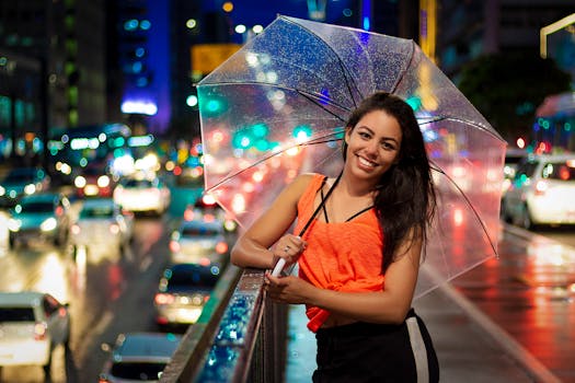 雨夜的城市街道上，一名妇女撑着透明的雨伞微笑，周围灯光明亮