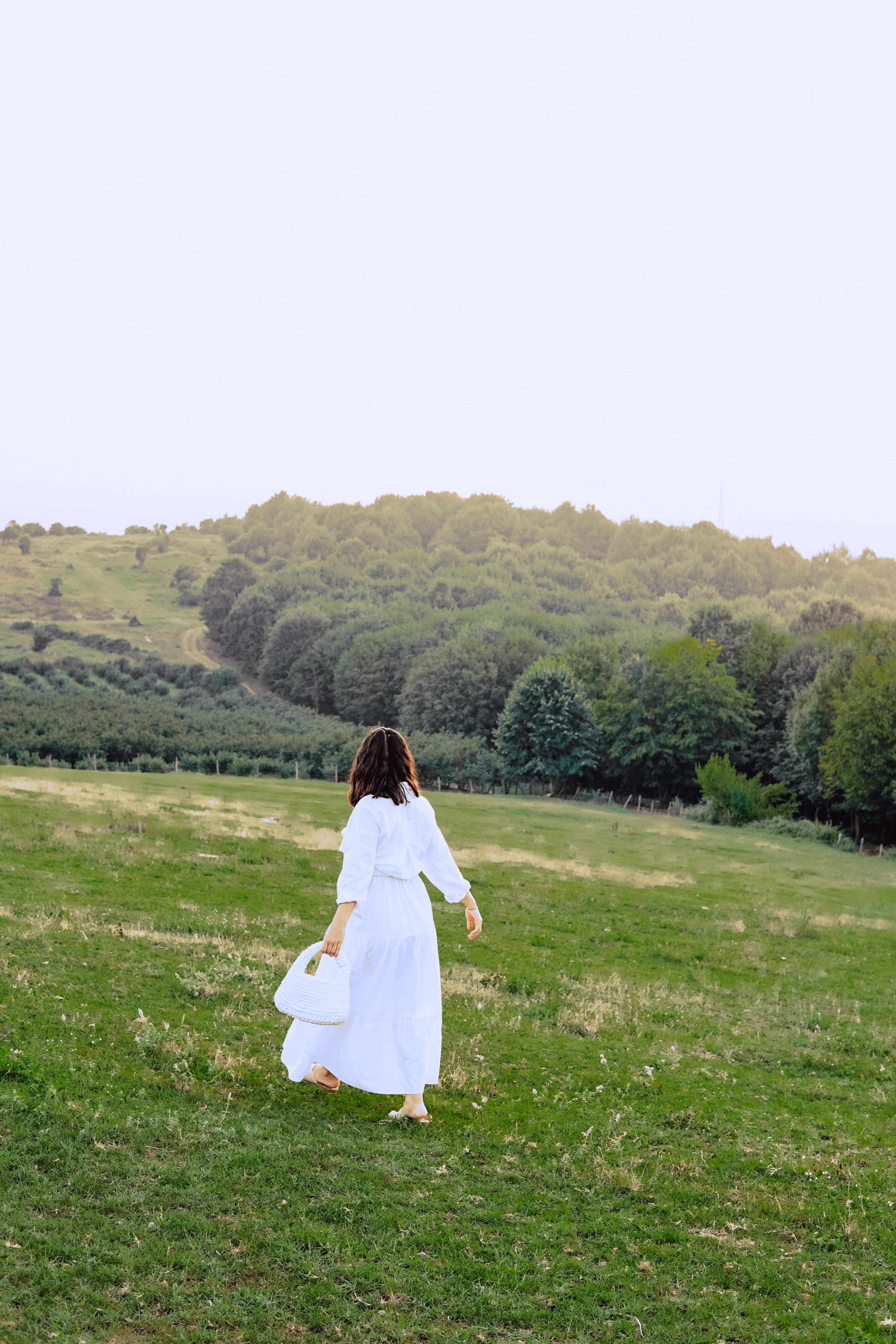 Woman in White Dress and with Bag Walking on Meadow · Free Stock Photo