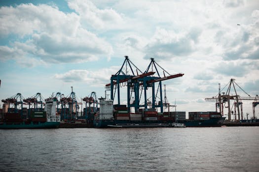 Wide view of cargo ships and cranes at a busy port in Hamburg, Germany.