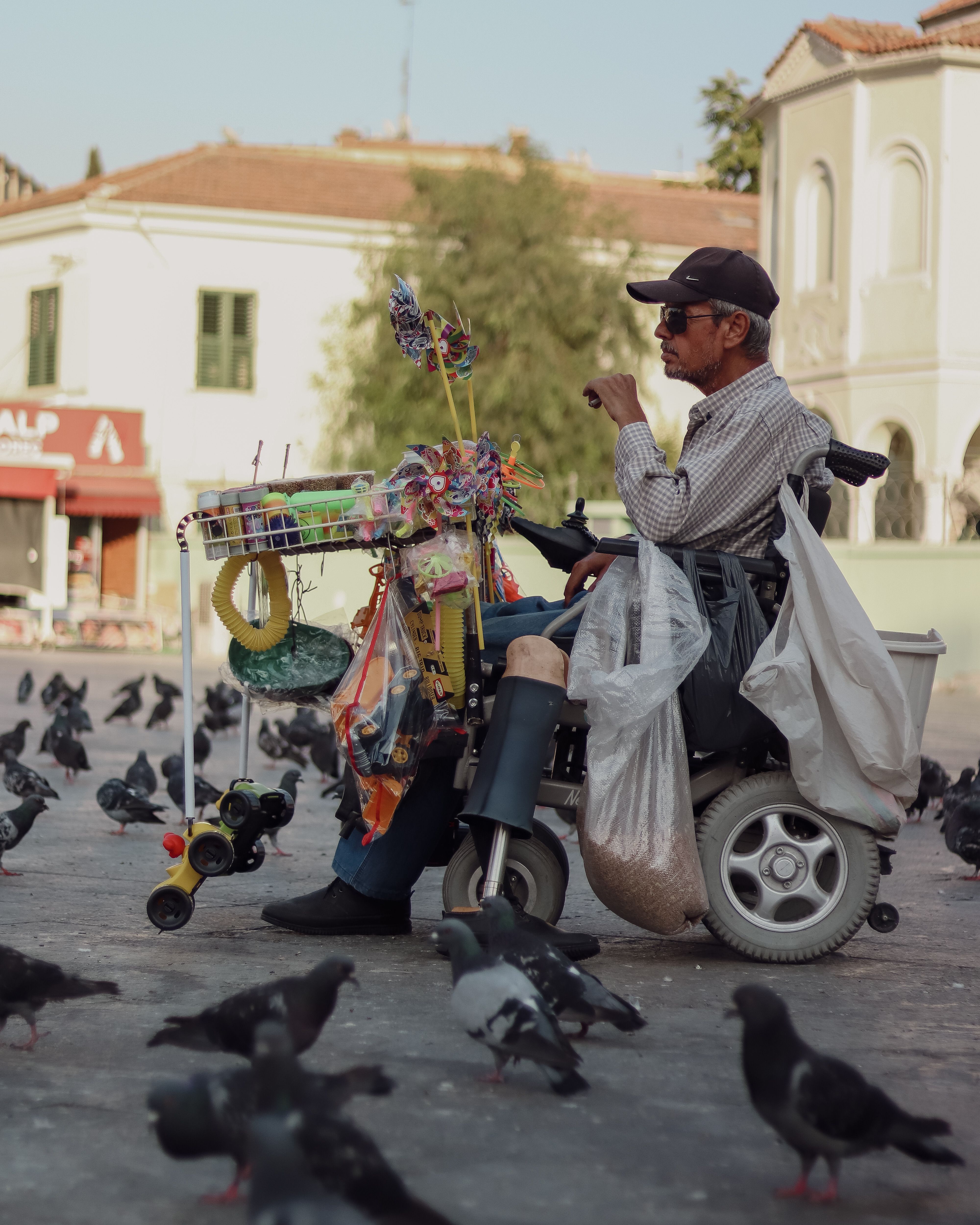 Male street vendor in wheelchair selling toys and goods surrounded by pigeons in an urban square.