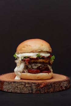 Delicious gourmet burger with fresh ingredients on a rustic wooden slice, perfect for food photography.