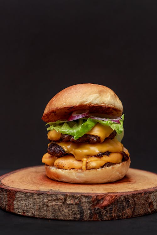 Burger on a Wooden Tray