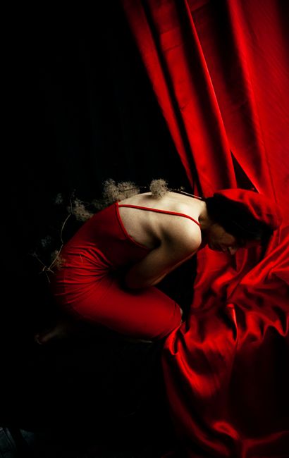 Elegant artistic portrait of a woman in a red dress against a red curtain, exuding dramatic and moody vibes.