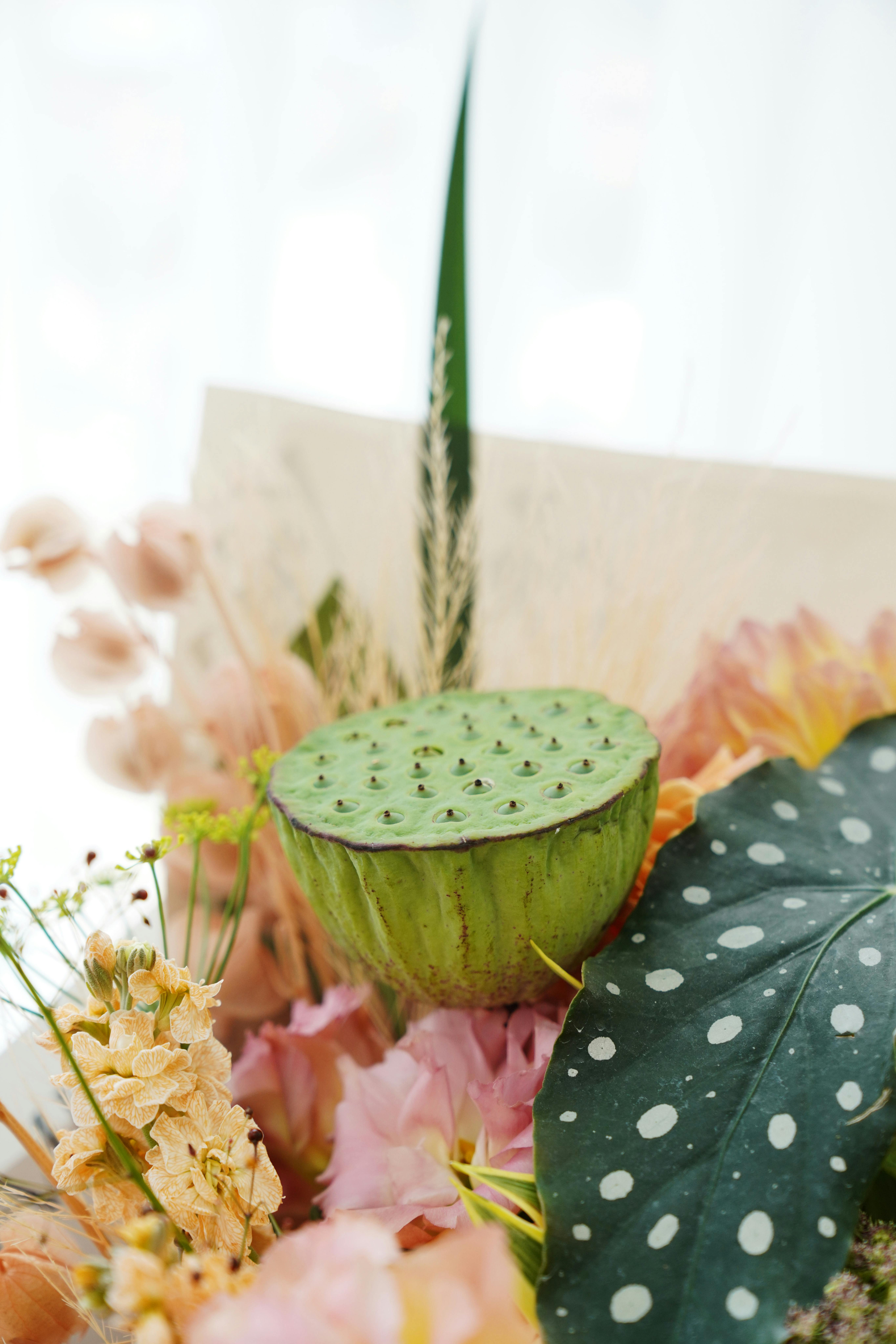 A vibrant still life of a lotus pod surrounded by a lush floral arrangement in soft pastel colors.