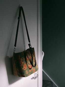 A floral-patterned bag hangs on a white door inside a minimalist apartment.