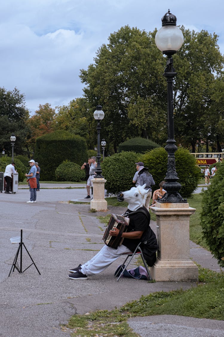 Person With Horse Head Playing Accordion In Park