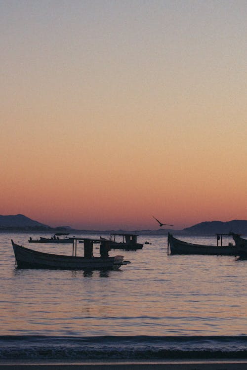 Boats on Sea Shore at Sunset