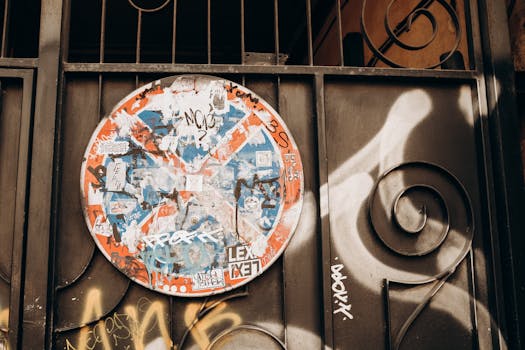 Street art and vandalism on a road sign in Kyiv, Ukraine, showcasing urban culture.