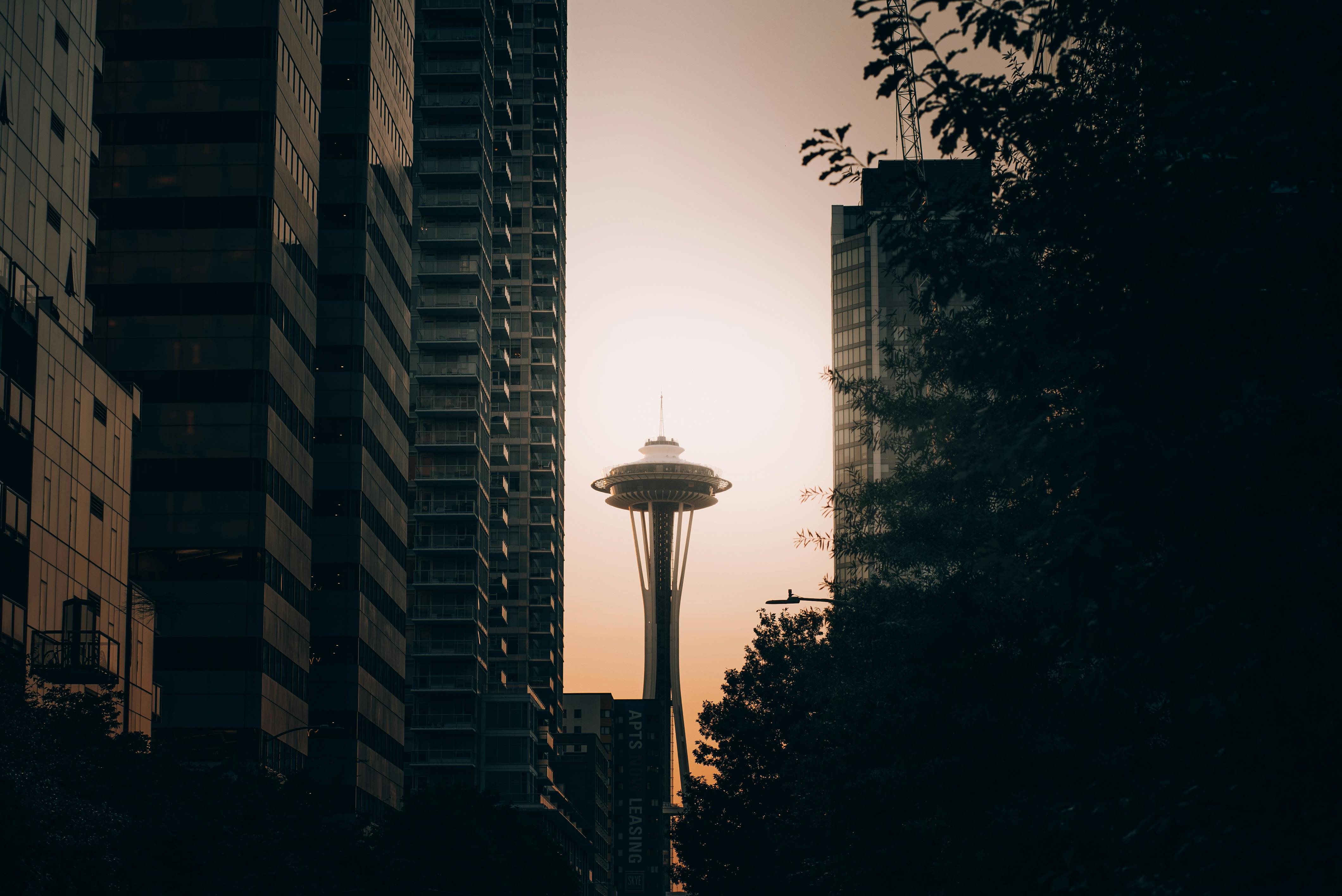 the space needle is seen in the background of a city