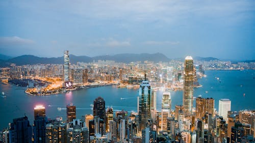 Evening Panorama of Victoria Harbor in Hong Kong