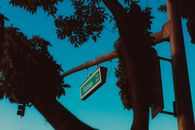 Street sign for Kansas Avenue surrounded by tree silhouettes against a clear sky.