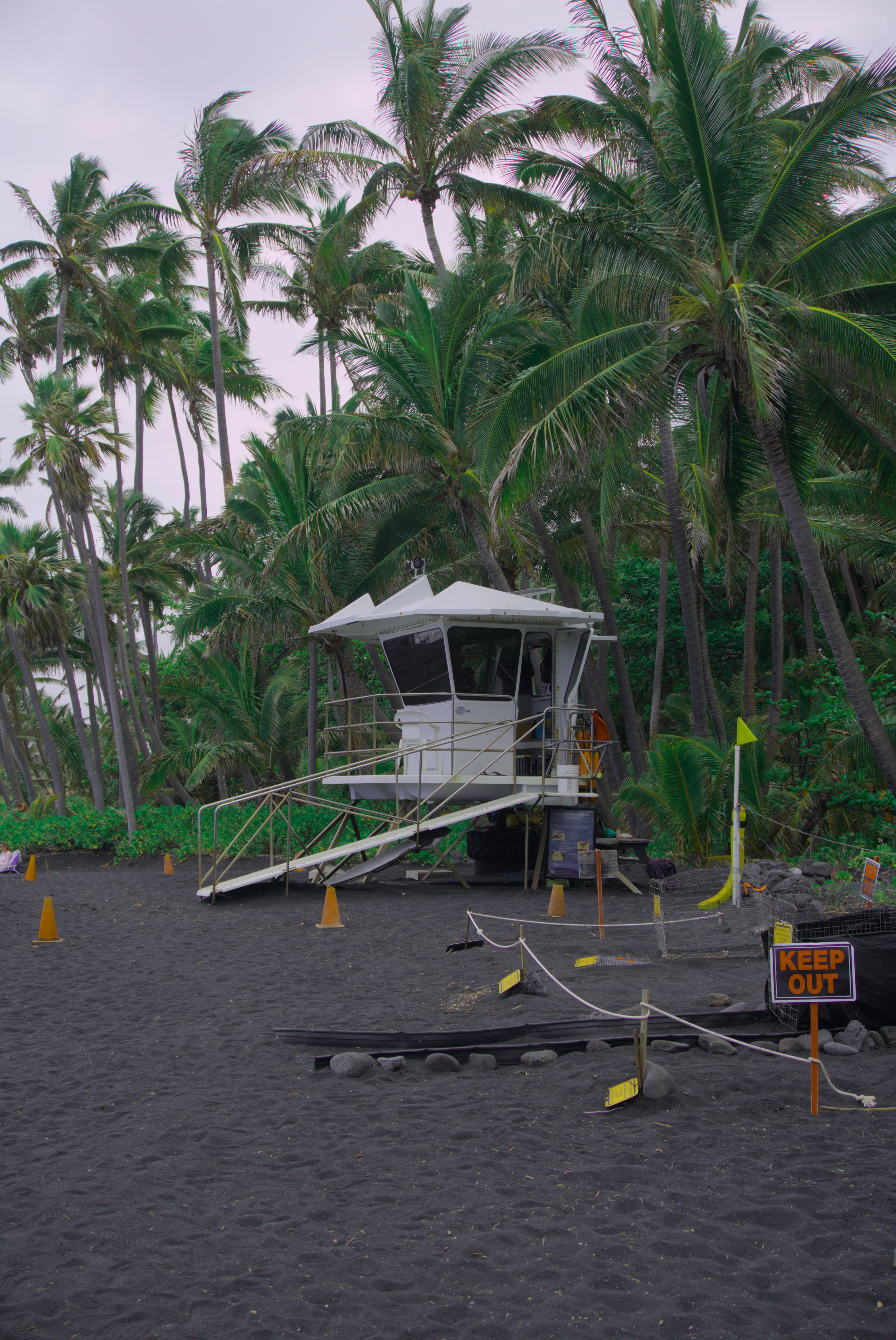 Lifeguard tower at Hana's tropical black sand beach, framed by lush palm trees.
