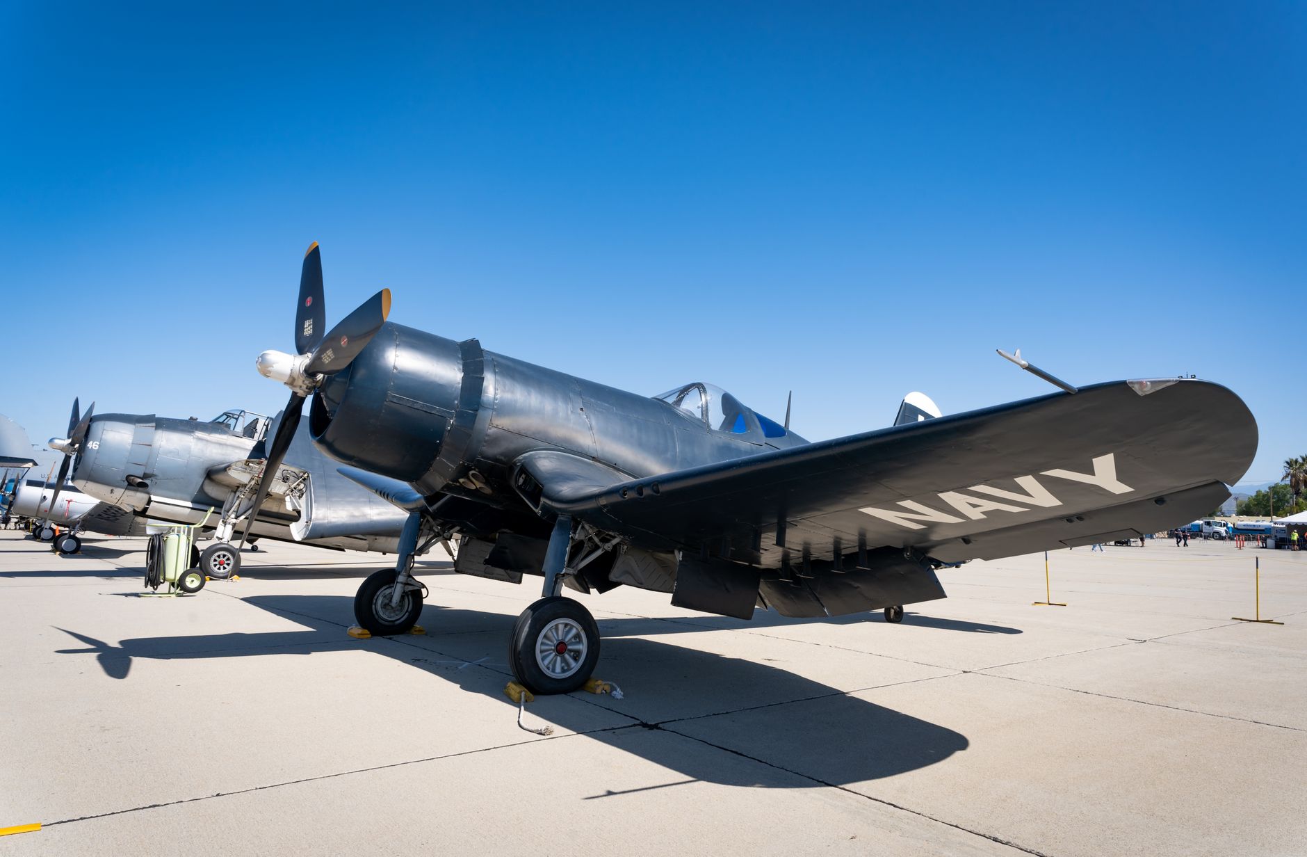 A classic Navy Corsair aircraft displayed at March Air Reserve Base in California.