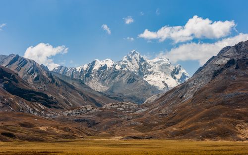 Free Beautiful snowcapped mountains with clear blue skies and rugged terrain on a sunny day. Stock Photo