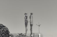 Black and white image of Ali and Nino statues in Batumi, Georgia.