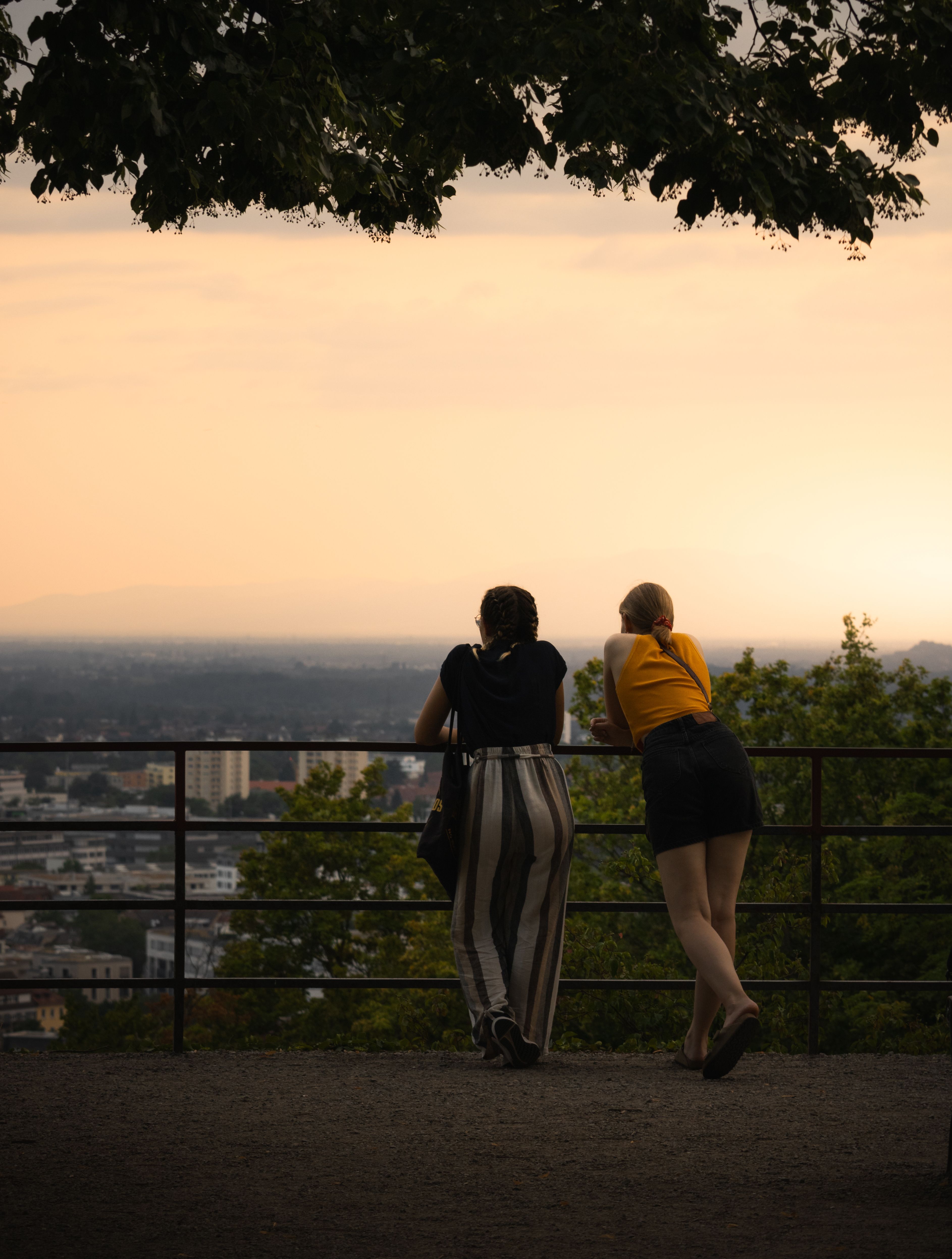 Women Standing by Railing over City at Sunset · Free Stock Photo