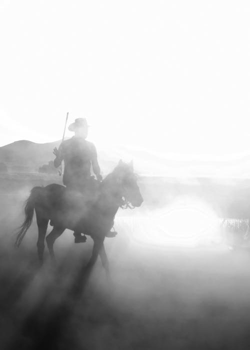 Silhouette of a Rider on a Horse Wearing a Cowboy Hat