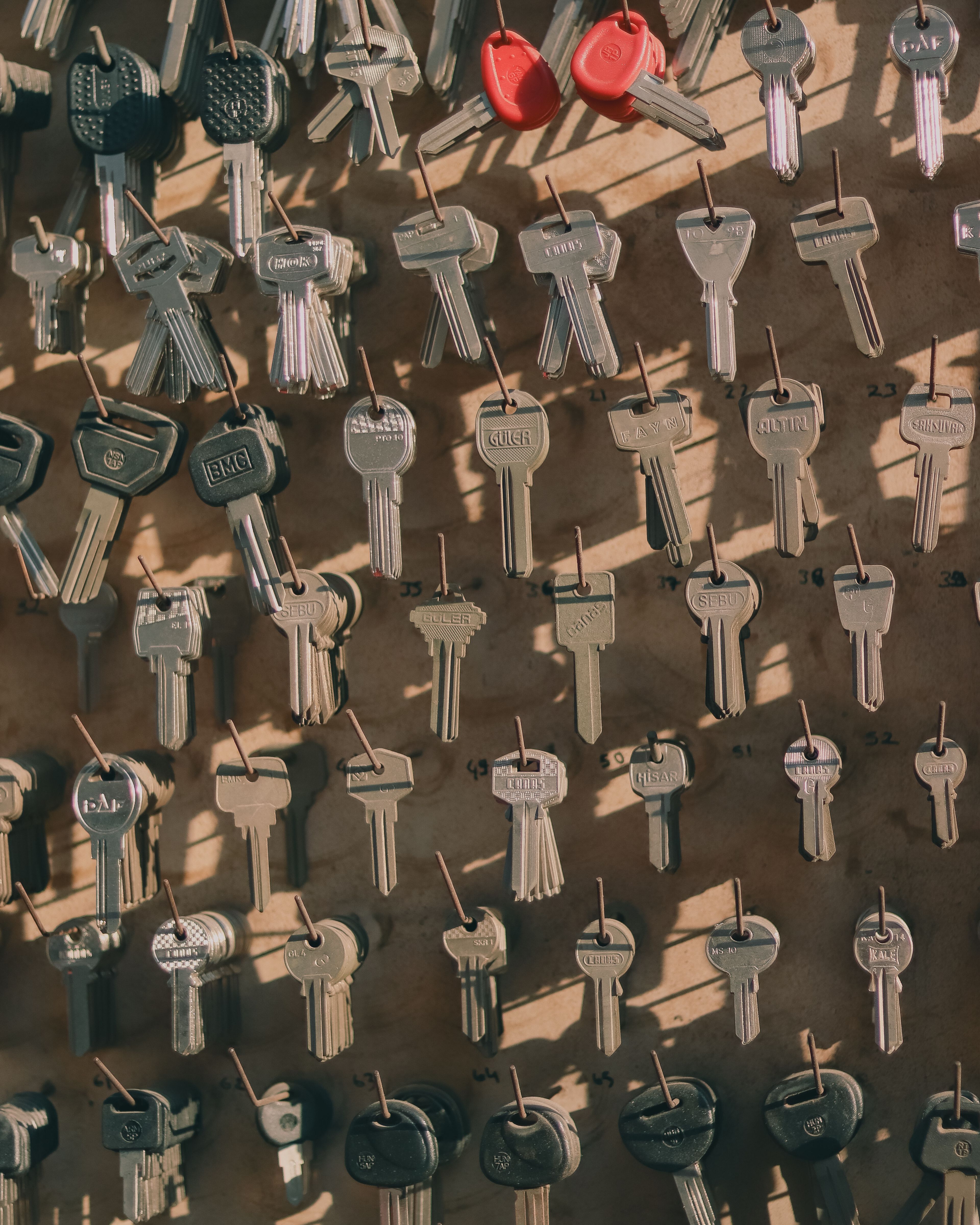 Wall of key blanks hanging in rows in afternoon light