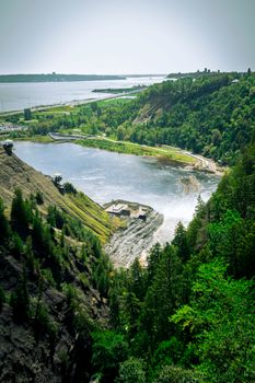 A stunning drone shot capturing the Montmorency River and lush forests in Quebec.