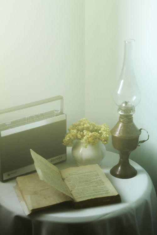 Free A nostalgic still life featuring an antique radio, oil lamp, flowers, and open book on a table. Stock Photo