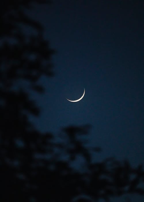 View of Crescent Moon against a Dark Blue Sky