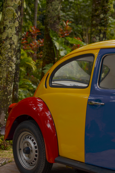 A vibrant retro car parked in a lush forest, showcasing classic vehicle design.