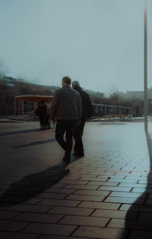 Men Walking on Paving Walkway