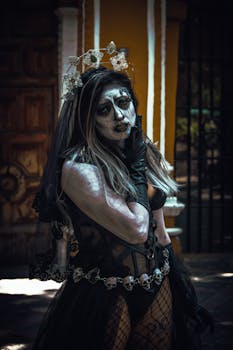 Artistic Dia de los Muertos Catrina portrait captured outdoors in Mexico City.