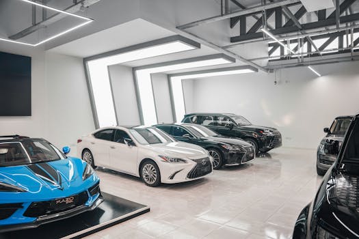 Sleek luxury cars showcased in a stylish, modern automotive dealership.