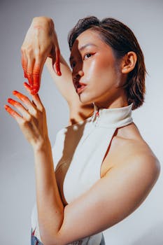 A fashionable model with painted hands posing gracefully in a studio setting.