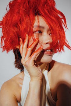 Close-up portrait of a woman with red hair touching her face against a white background.