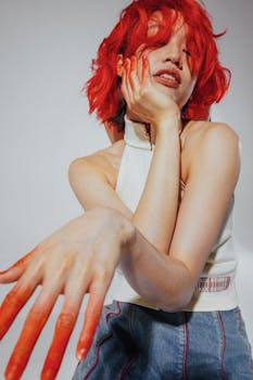 Portrait of a red-haired woman in a dynamic pose with hand on cheek against a white background.