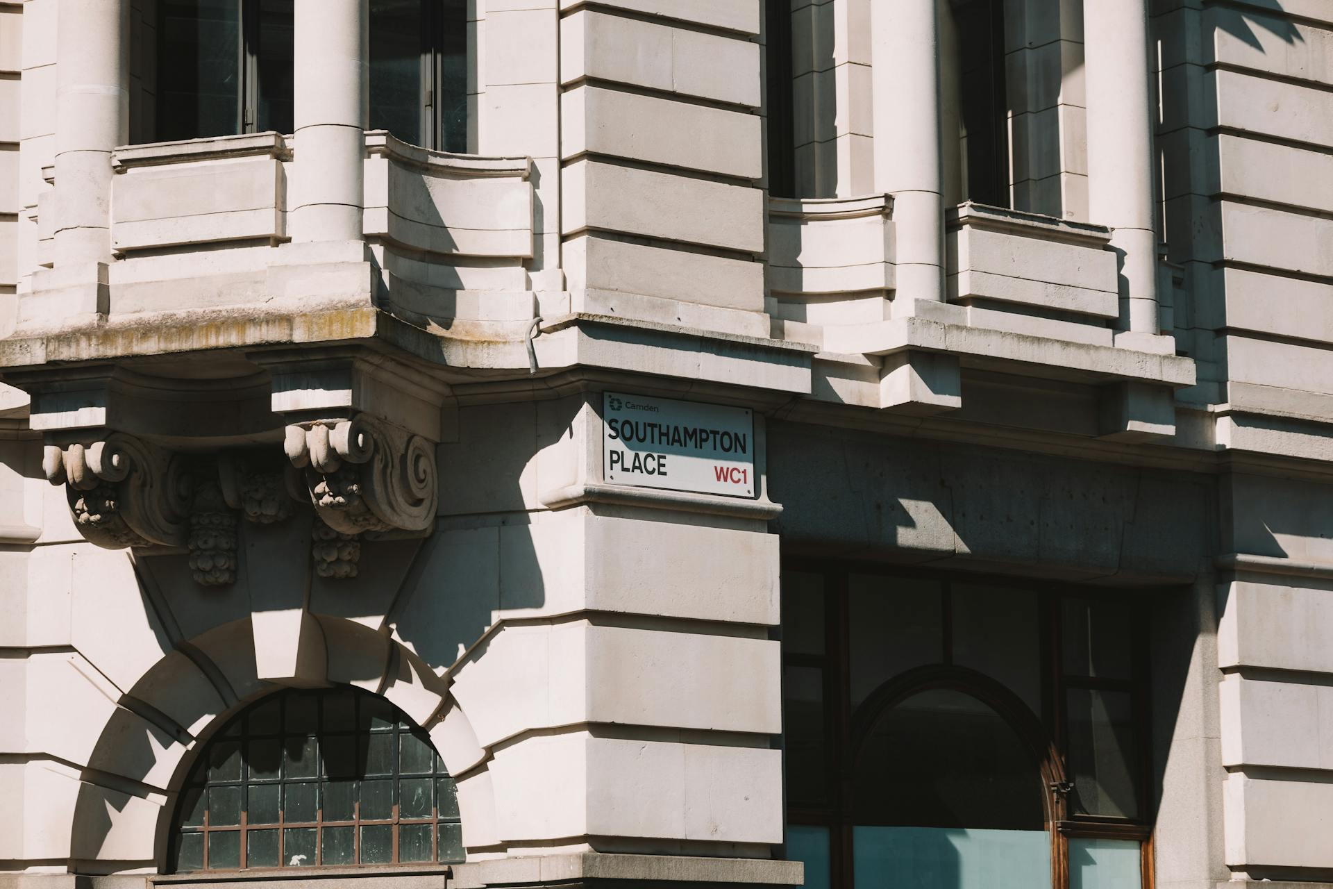 A classic architectural facade with detailed cornices at Southampton Place, London.
