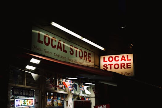 An urban local store glowing with neon signs during nighttime, capturing the essence of city nightlife.