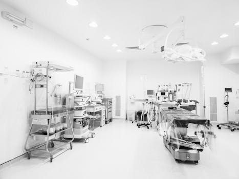 A modern operating room featuring advanced medical equipment in a sterile, bright environment.