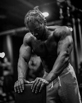 Striking black and white photo of a shirtless, muscular man in the gym, focusing on strength.