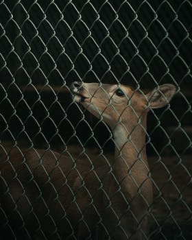 A deer photographed behind a metal fence illustrating wildlife in captivity.