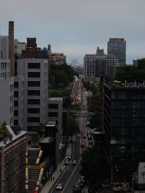 A view of a city street from a high building
