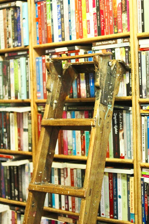An Old Ladder against a Bookshelf in the Library 