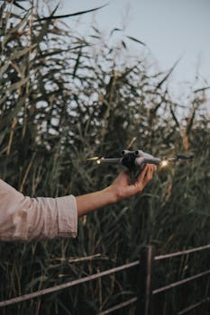 A person holds a drone with lights on in front of tall grass, evoking technology and nature interaction.
