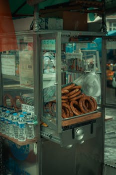 Close-up of a street simit cart in Bursa, Turkey showcasing traditional Turkish bread.