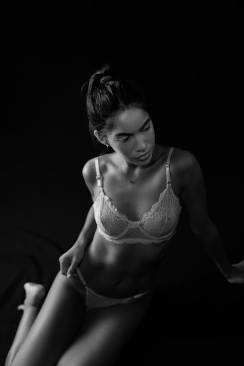 Woman Posing in Lingerie in Black and White
