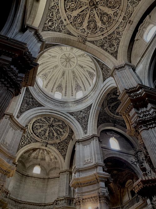 Free Intricate ceiling architecture of a historic cathedral in Málaga, showcasing religious artistry. Stock Photo
