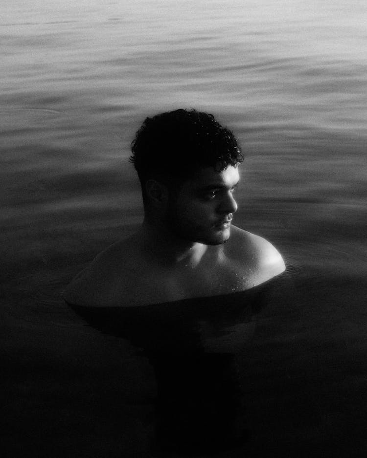 Man Head In Water In Black And White