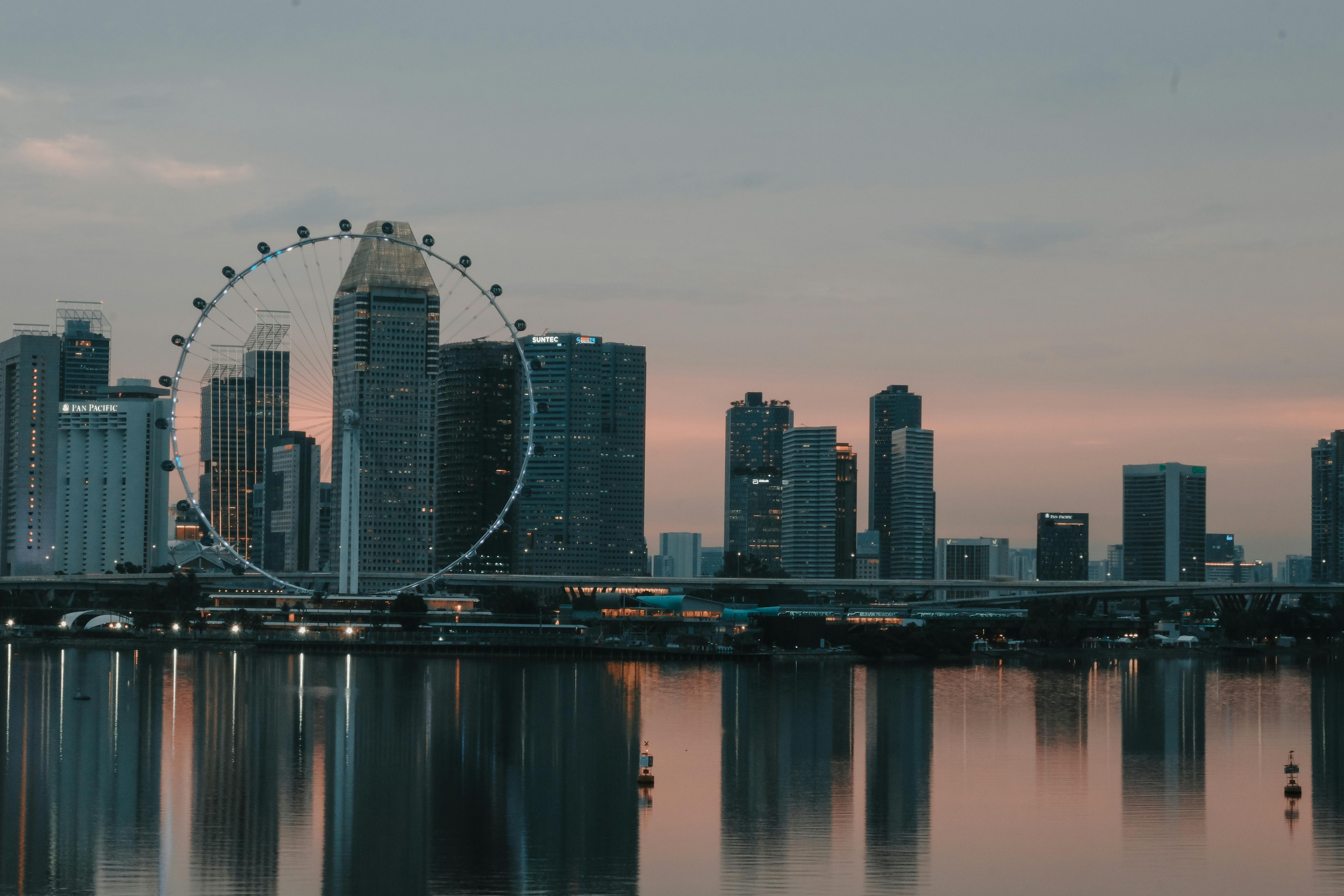 Twilight view of Singapore's skyline with a prominent Ferris wheel and waterfront reflections.