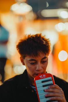 Portrait of a young man with short hair playing a red melodica in a vibrant Ankara street at night.