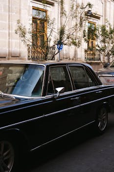 Vintage black Mercedes car parked on a bustling city street. Classic and stylish urban scene.