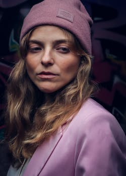 Fashionable woman with long brown hair wearing a pink beanie and blazer, set against a graffiti wall backdrop.